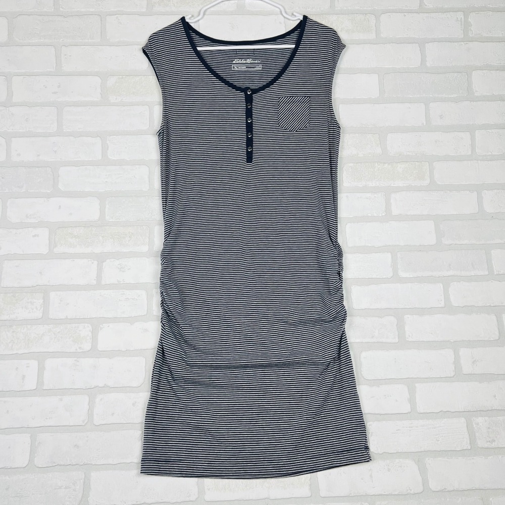 Eddie Bauer Outdoor Womens Small Navy White Striped Ruched Dress Sleeveless